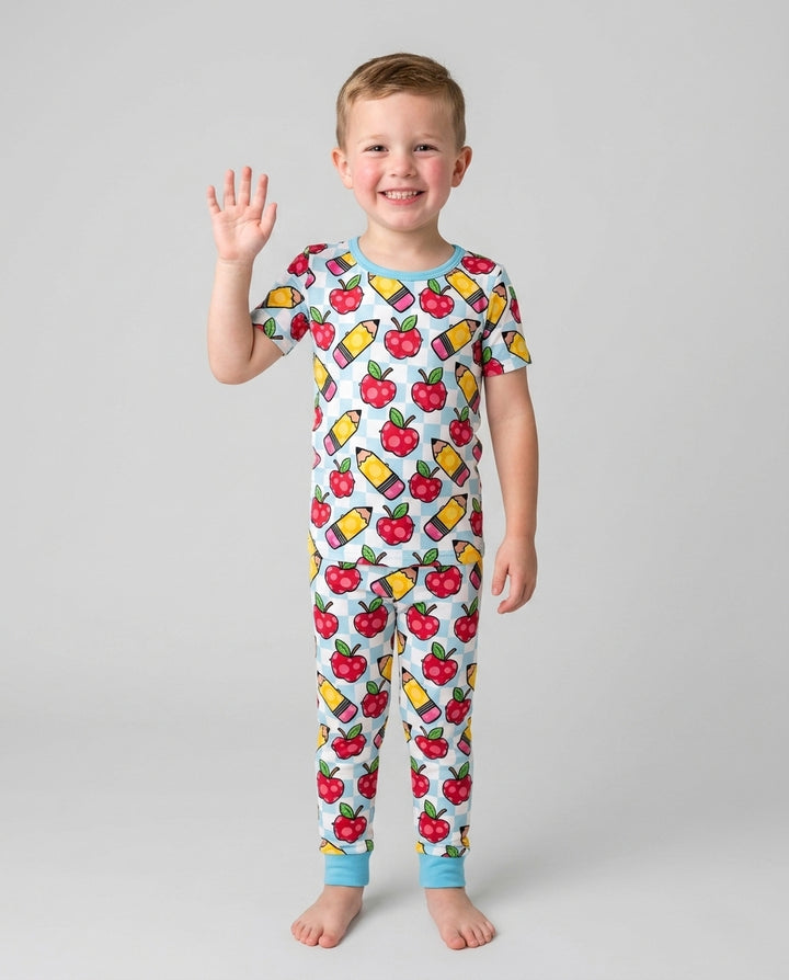 Checkered Apple Scribbles Bamboo Two Piece Short Sleeve Pajama Set