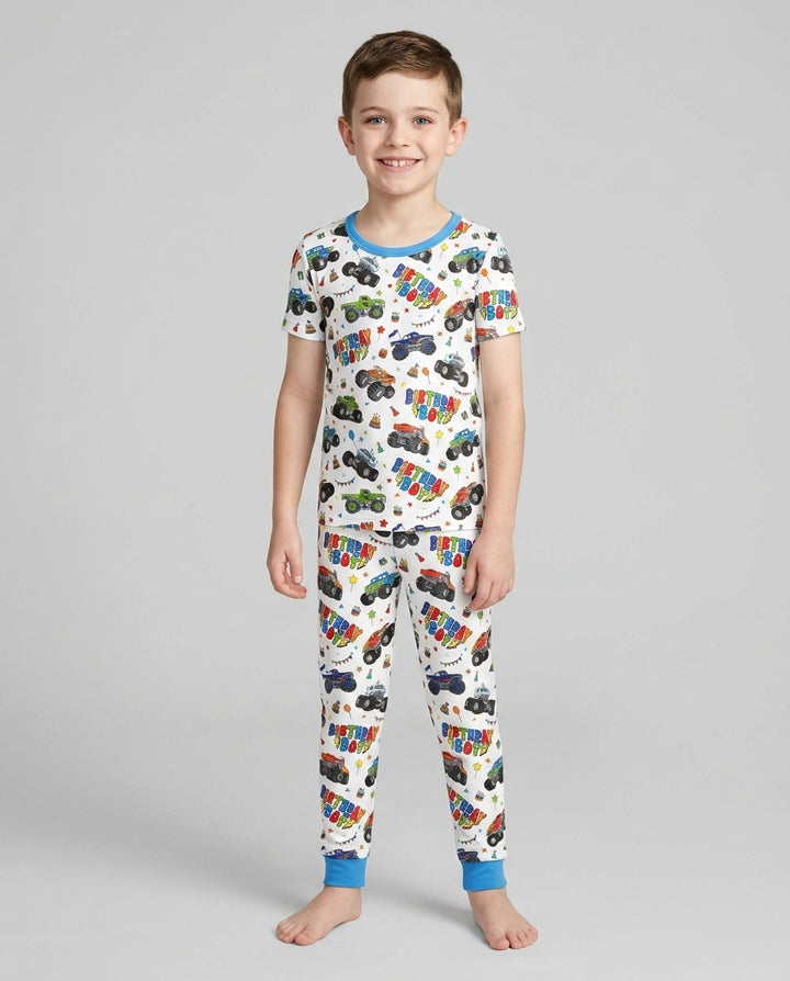 Monster Truck Birthday Boy Bamboo Two Piece Short Sleeve Pajama Set