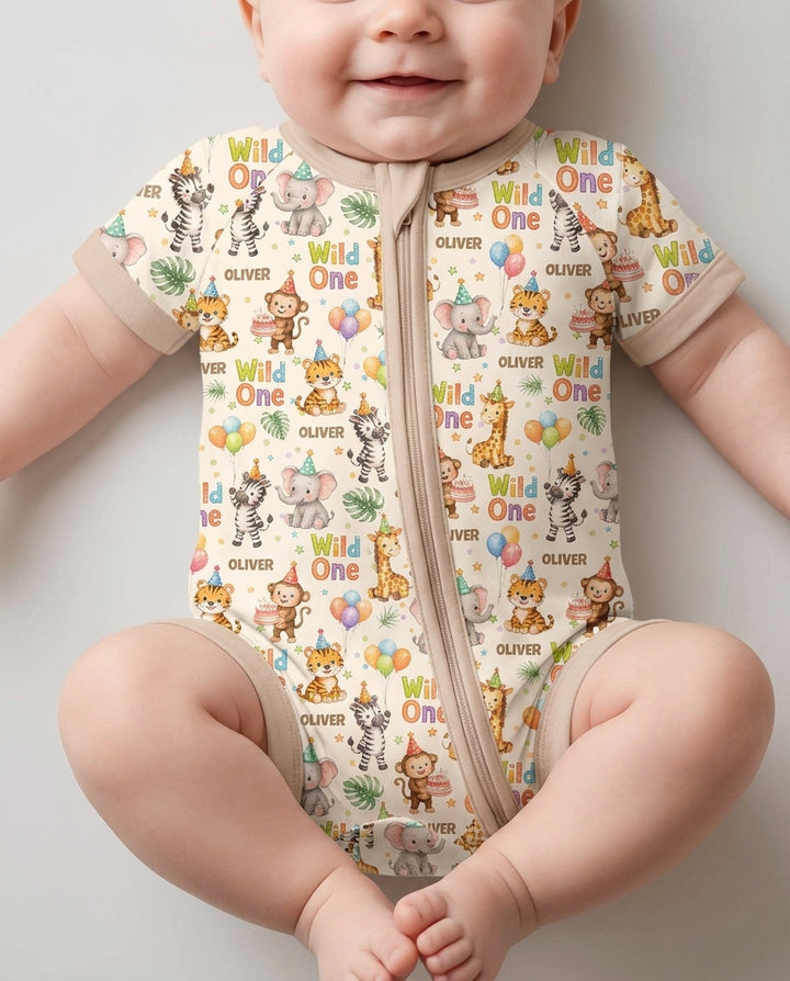 Custom Name 1st Birthday Wild One Bamboo Shorty Zippy