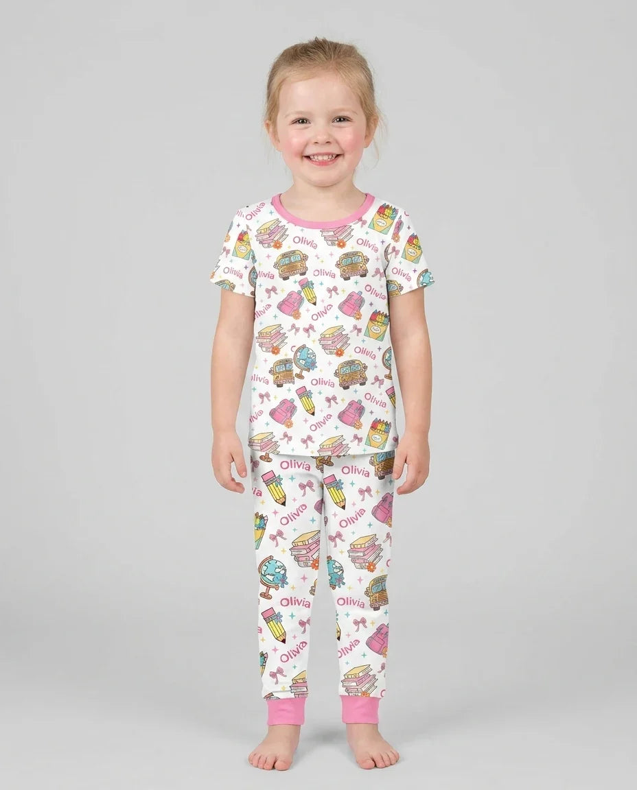 Custom Name Back To School Bamboo Two Piece Short Sleeve Pajama Set