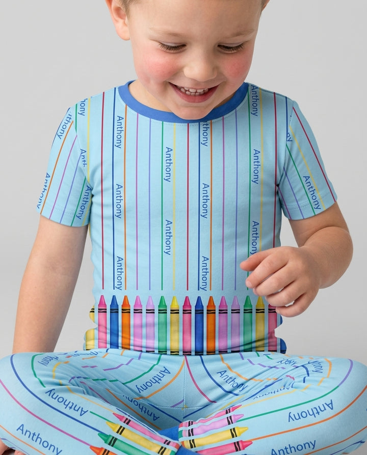 Custom Name Crayon Lines Bamboo Two Piece Short Sleeve Pajama Set