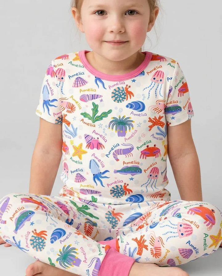 Tide Pool Pals Custom Name Bamboo Two Piece Short Sleeve Pajama Set