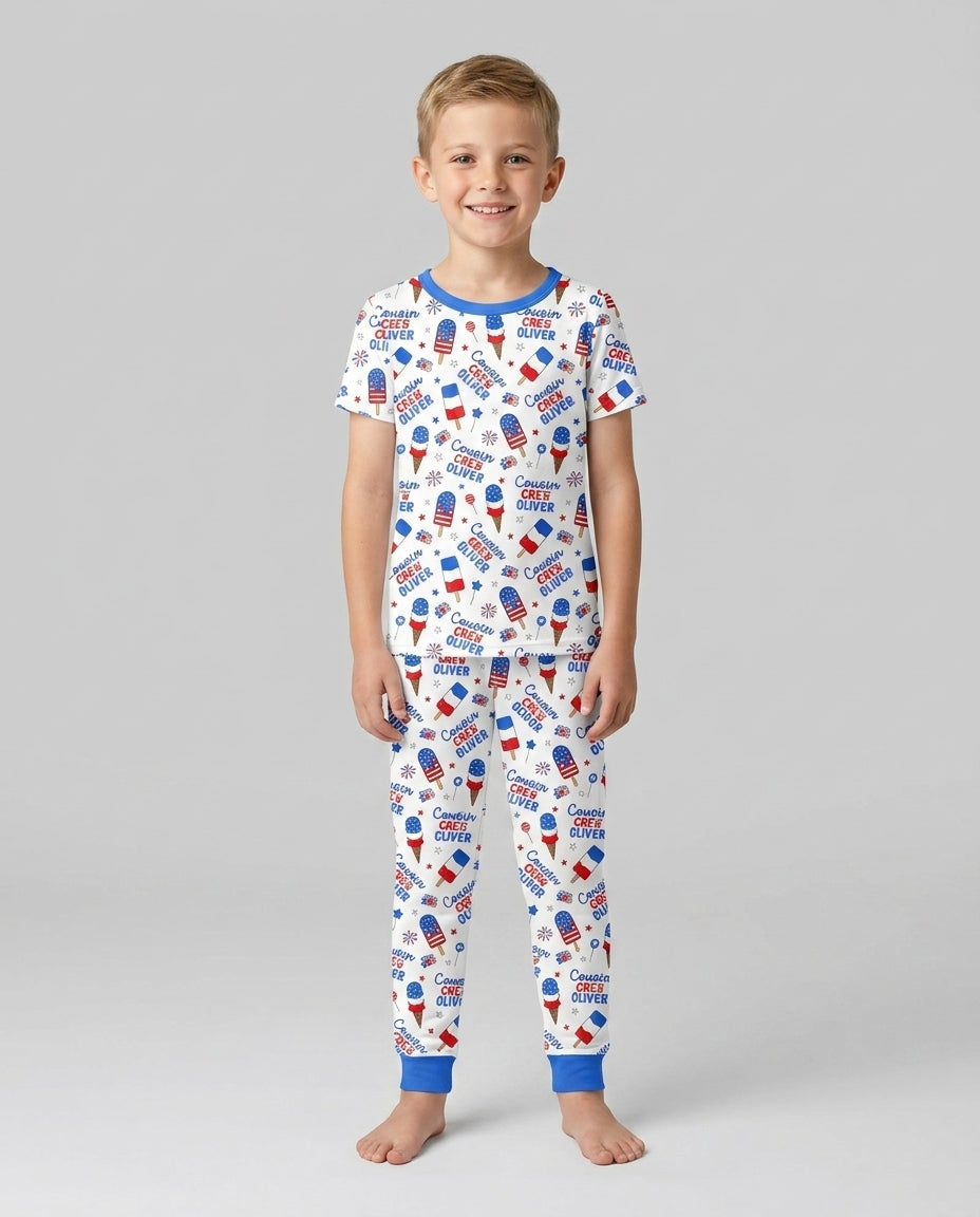 Custom Name 4th of July Cousin Crew Bamboo Two Piece Short Sleeve Pajama Set