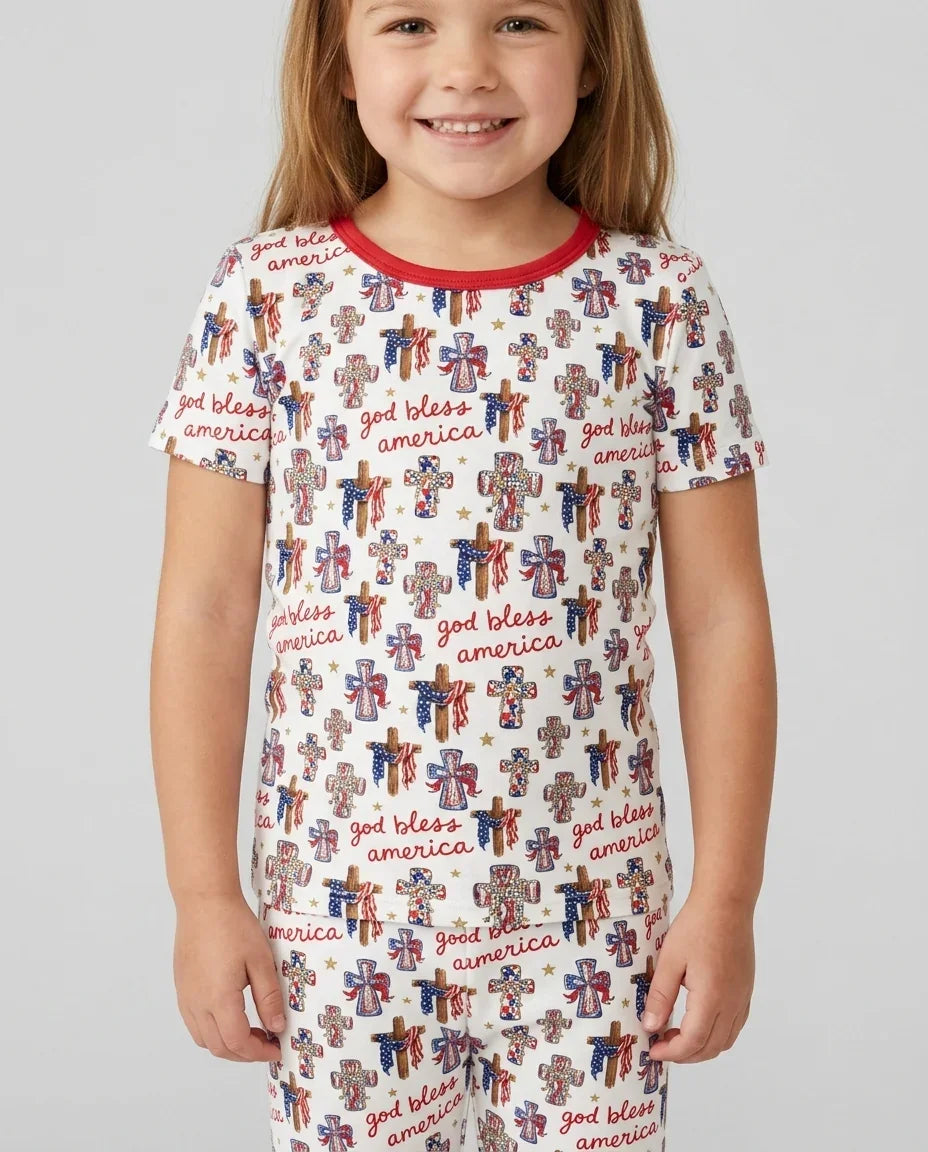 God Bless America Family Matching Bamboo Two Piece Short Sleeve Pajama Set