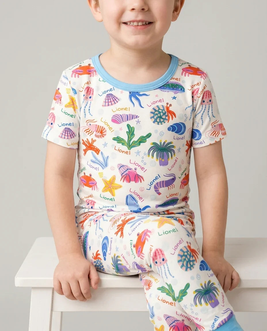Tide Pool Pals Custom Name Bamboo Two Piece Short Sleeve Pajama Set