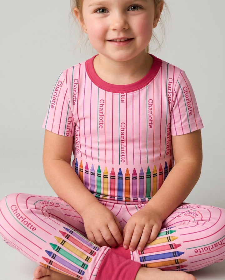 Custom Name Crayon Lines Bamboo Two Piece Short Sleeve Pajama Set