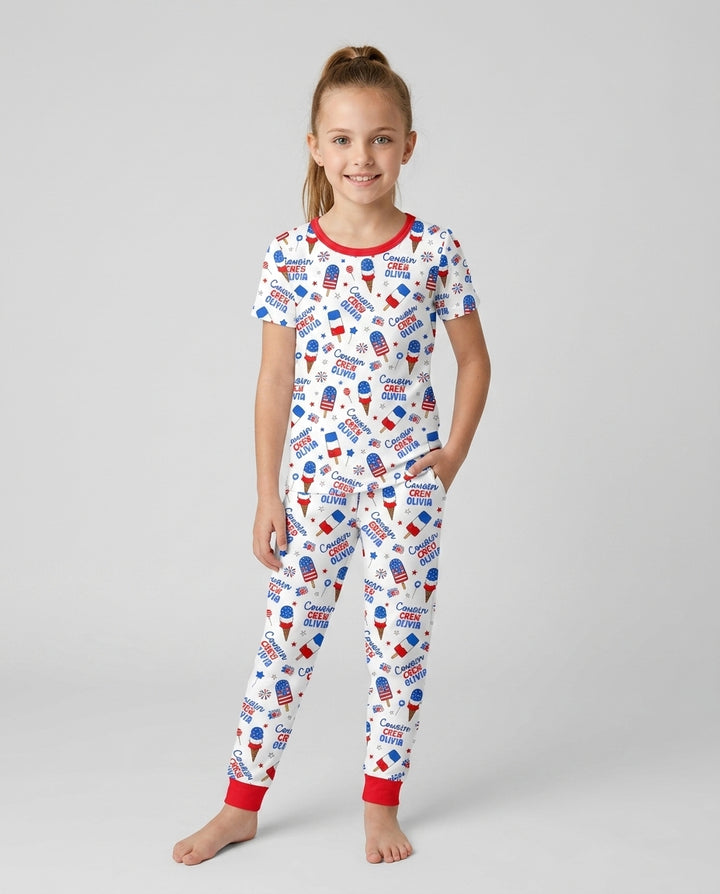 Custom Name 4th of July Cousin Crew Bamboo Two Piece Short Sleeve Pajama Set