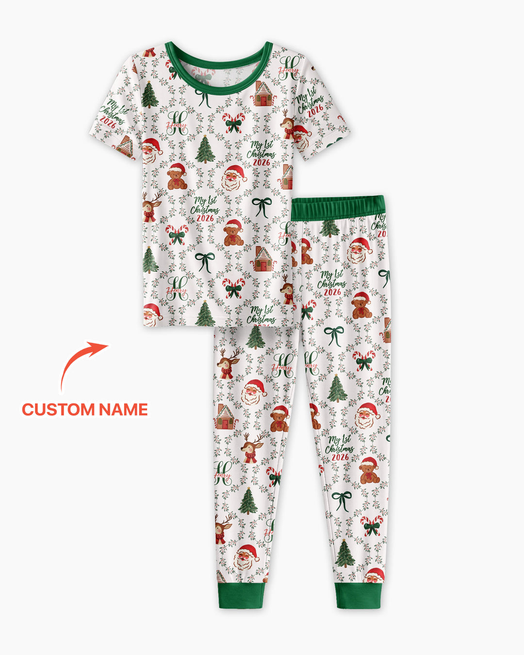 Custom name "Fancy Monogram Green Christmas 2026" Bamboo Two Piece Short Sleeve Pajama Set