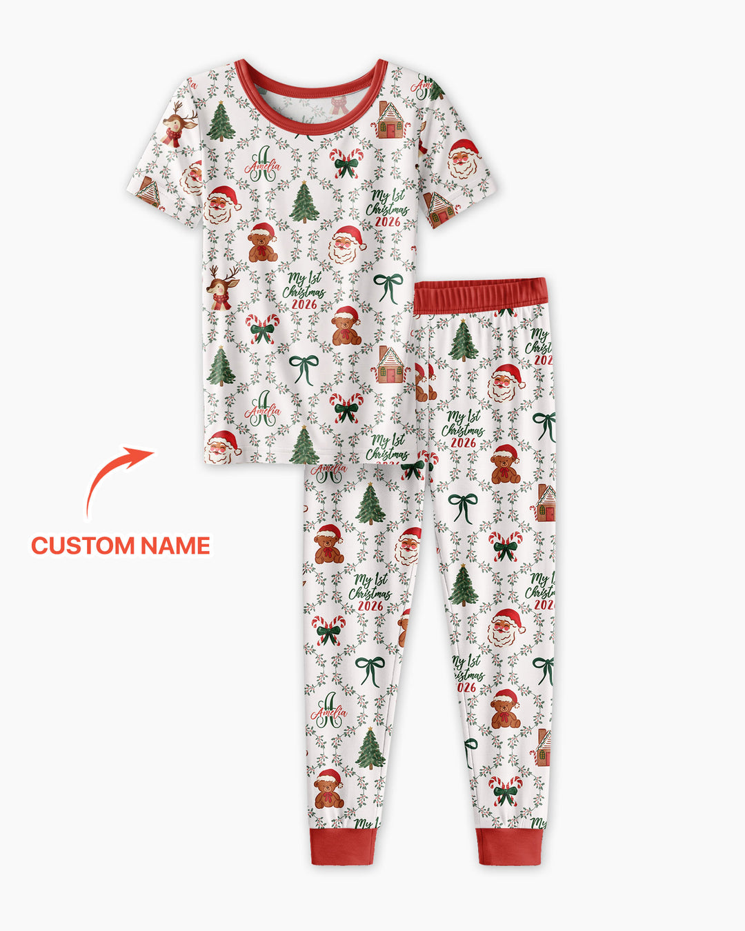 Custom name "Fancy Monogram Red Christmas 2026" Bamboo Two Piece Short Sleeve Pajama Set