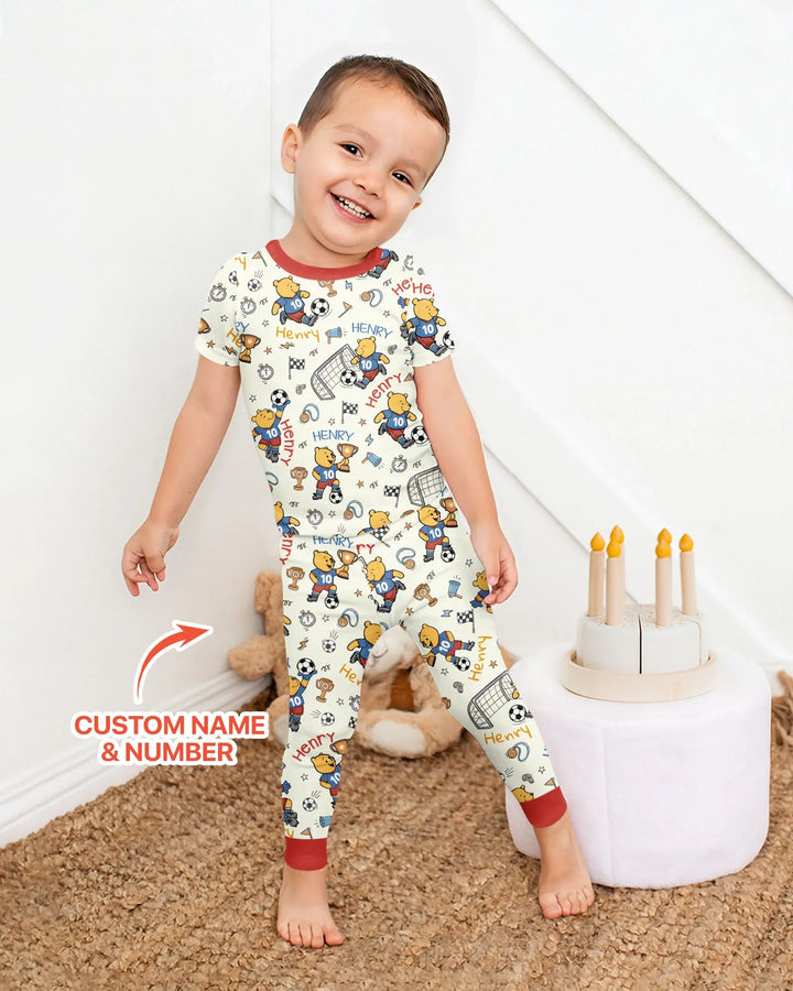 Personalized Classic Bear World Soccer Bamboo Two Piece Short Sleeve Pajama Set