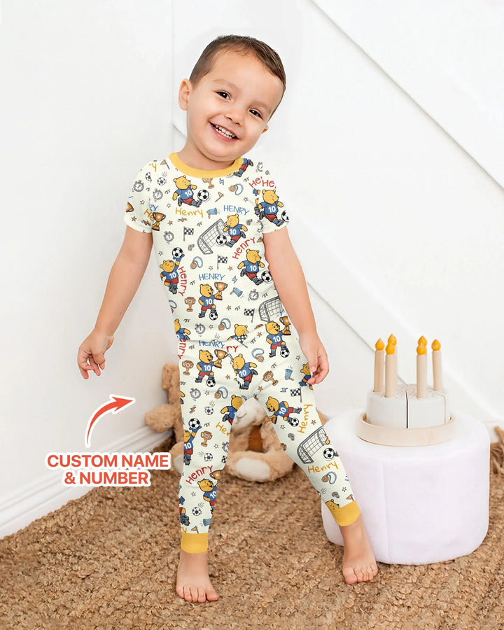 Personalized Classic Bear World Soccer Bamboo Two Piece Short Sleeve Pajama Set