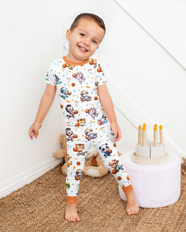 Cartoon Basketball Animals Bamboo Two Piece Short Sleeve Pajama Set