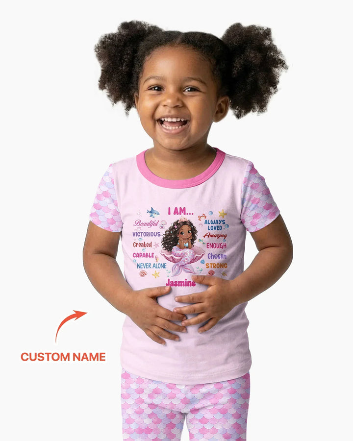 Custom Name Black Mermaid I Am Beautiful Bamboo Two Piece Short Sleeve Pajama Set