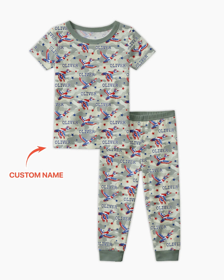 Custom Name America Mallard Duck Family Matching Bamboo Two Piece Short Sleeve Pajama Set