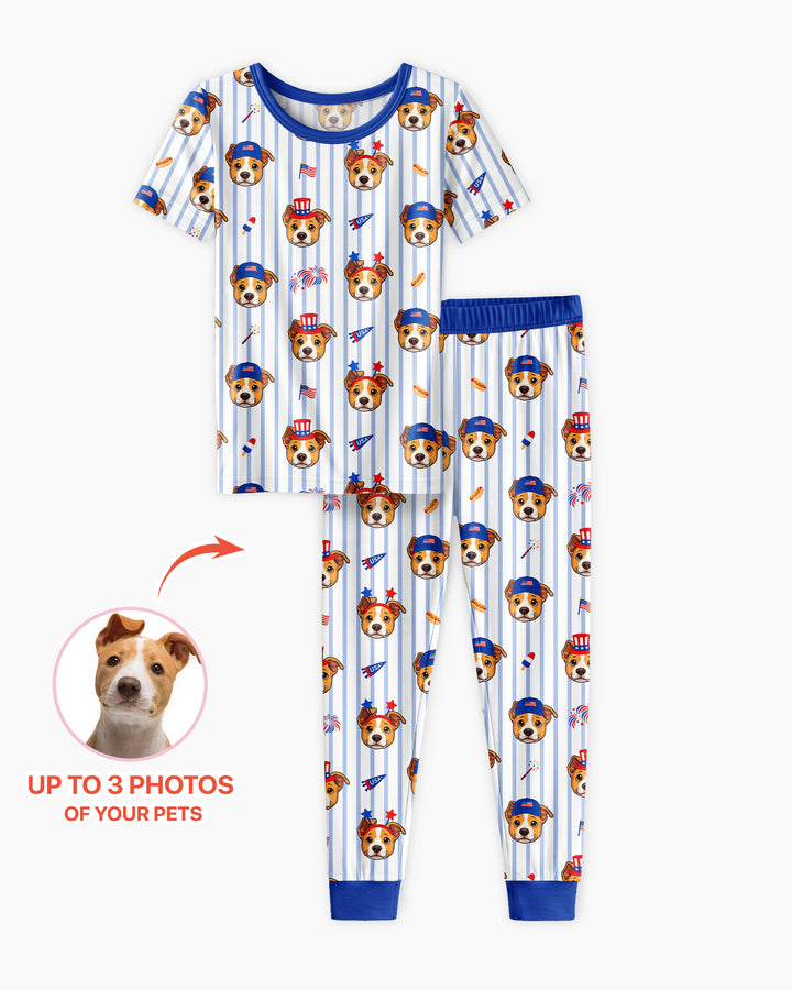 Custom Pet Image 4th of July Family Matching Bamboo Two Piece Short Sleeve Pajama Set