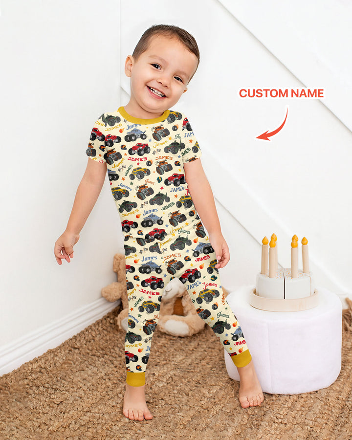 Personalized Monster Truck Bamboo Two Piece Short Sleeve Pajama Set