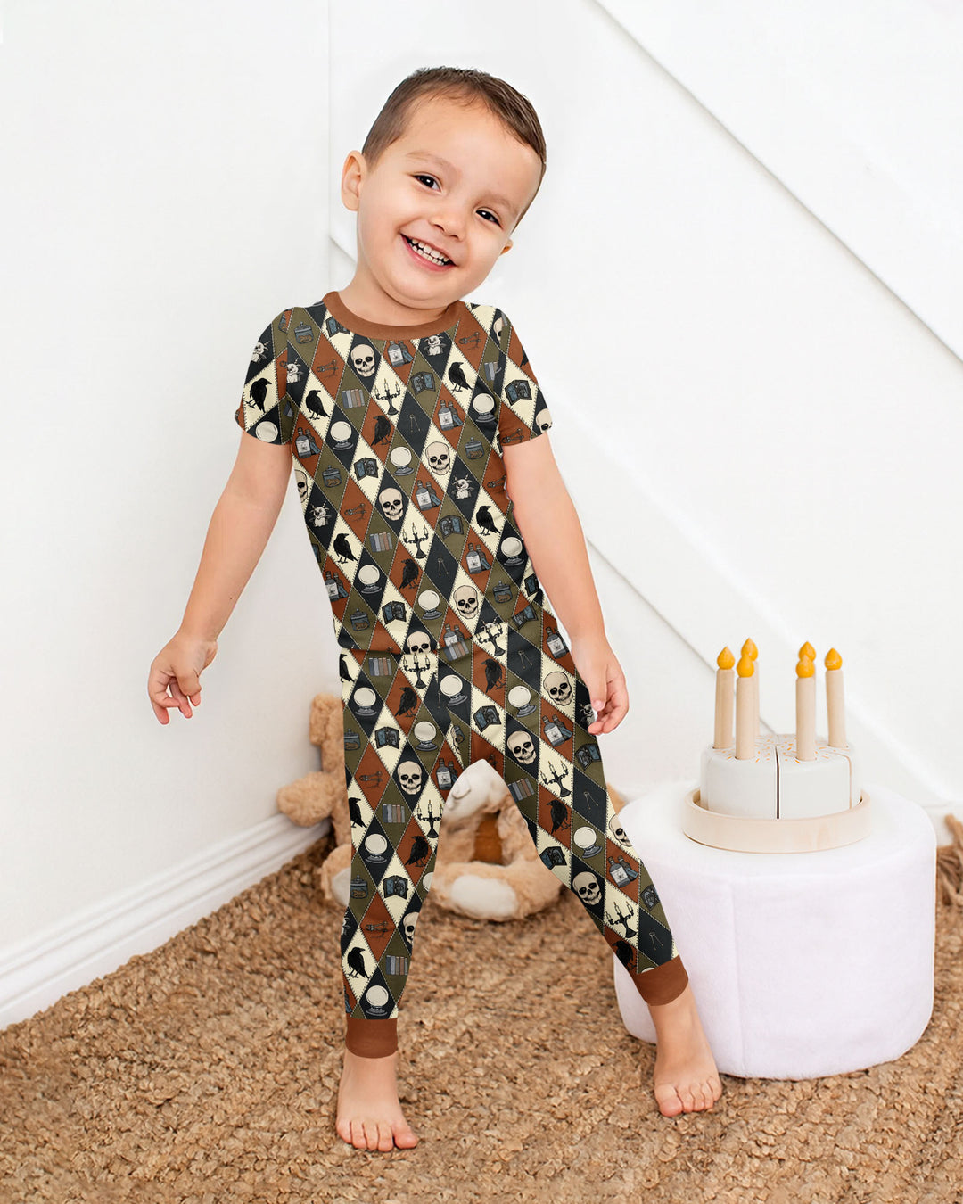 Retro Gothic Halloween Patchwork Bamboo Two Piece Short Sleeve Pajama Set