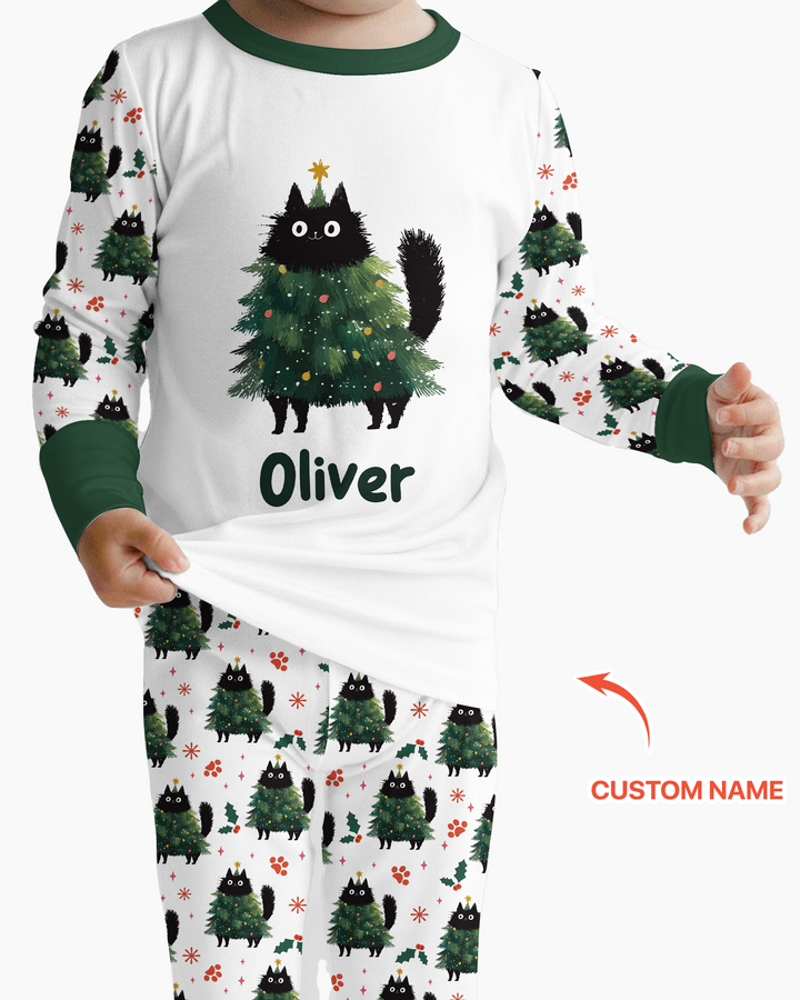 Custom Name Black Cat Christmas Bamboo Two Piece Long Sleeve Pajama Set