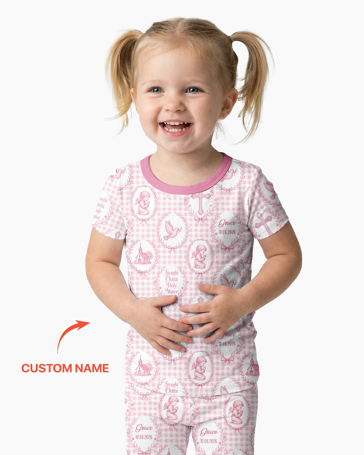 Custom Name Baptism Straight Outta Holy Water Bamboo Two Piece Short Sleeve Pajama Set