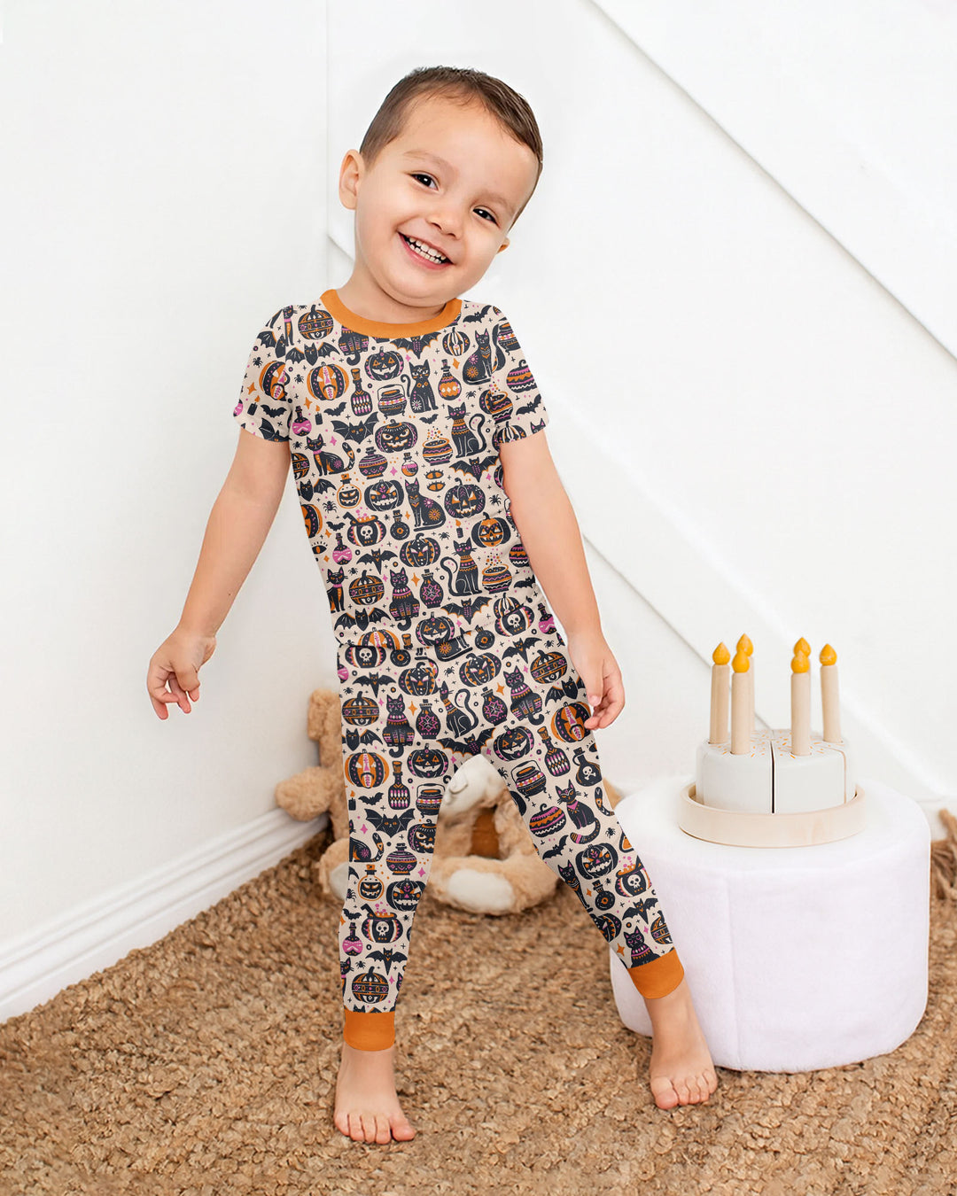 Whimsical Tribal Retro Halloween Black Cats Pumpkins Bamboo Two Piece Short Sleeve Pajama Set