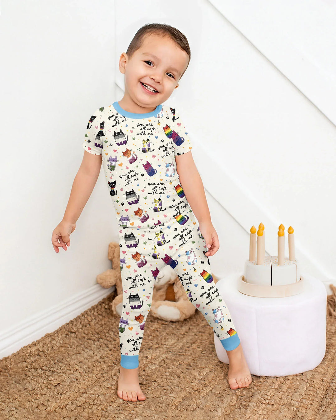 Loved & Safe Kitties Family Matching Bamboo Two Piece Short Sleeve Pajama Set