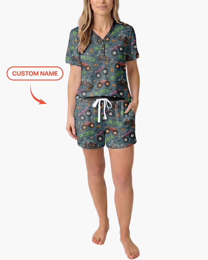 Custom Name Haunted Monster Trucks  Bamboo Women Short Sleeve Short Pajama Set