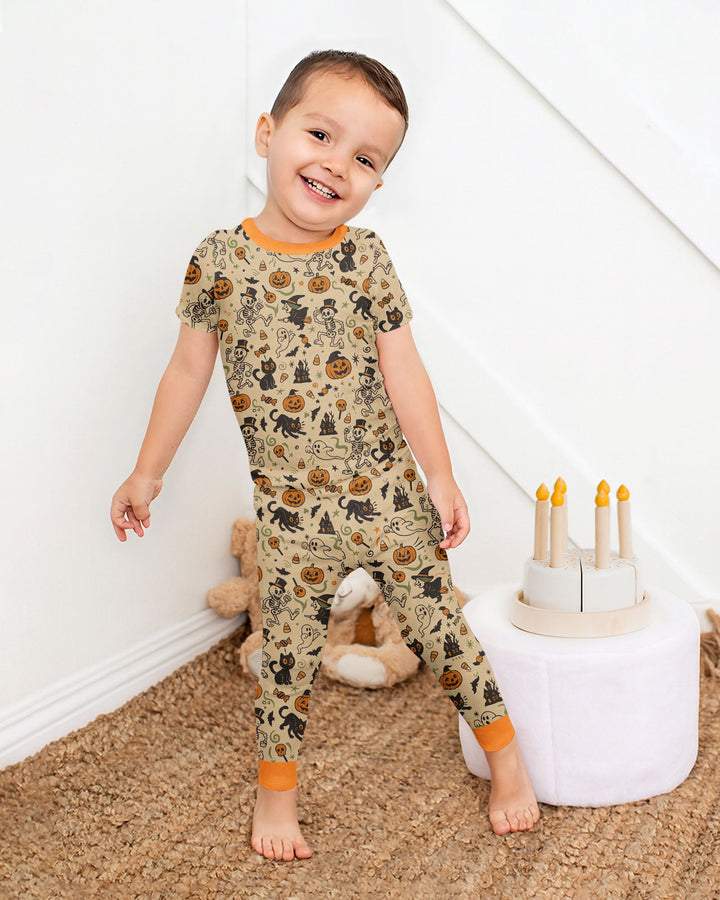Vintage Skeleton Pumpkin Halloween Bamboo Two Piece Short Sleeve Pajama Set