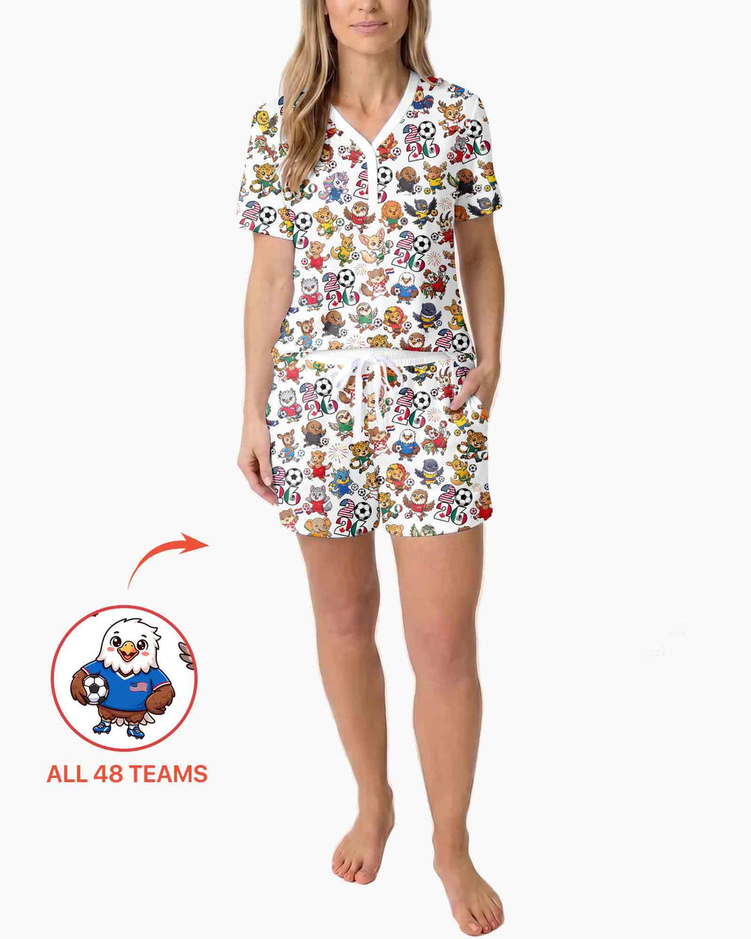 Kawaii Animals Soccer Tour 2026 Family Matching Bamboo Women Short Sleeve Short Pajama Set