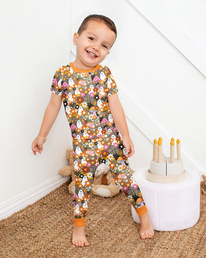 Retro Ghost Mushroom Floral Halloween Bamboo Two Piece Short Sleeve Pajama Set
