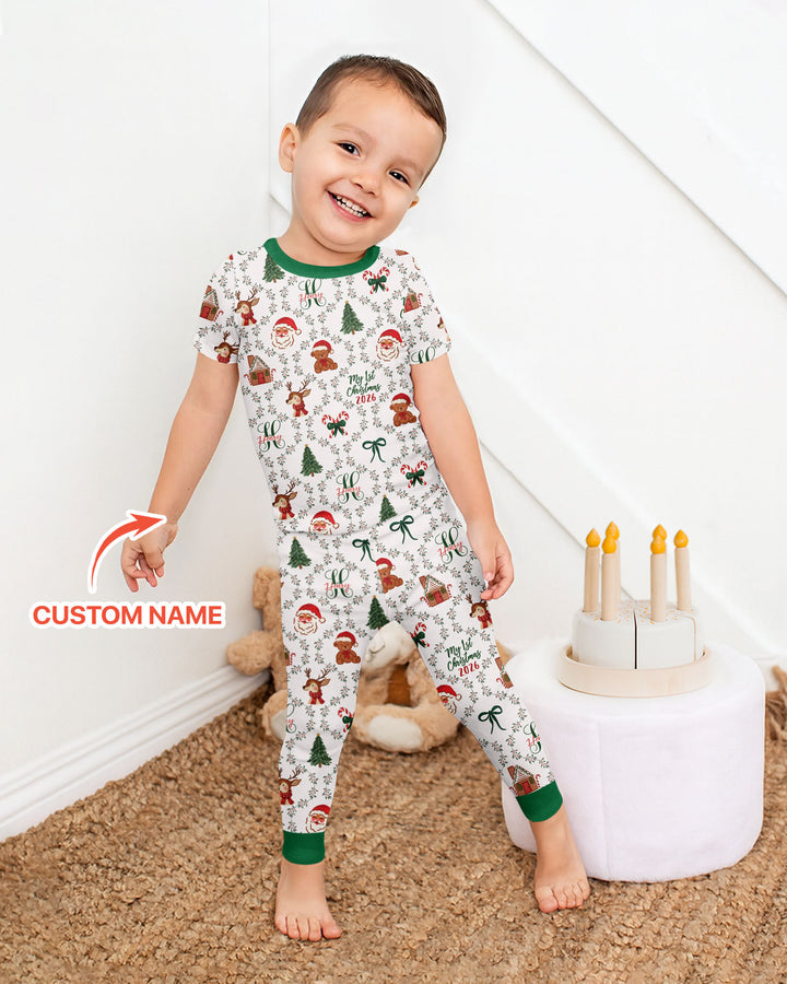 Custom name "Fancy Monogram Green Christmas 2026" Bamboo Two Piece Short Sleeve Pajama Set