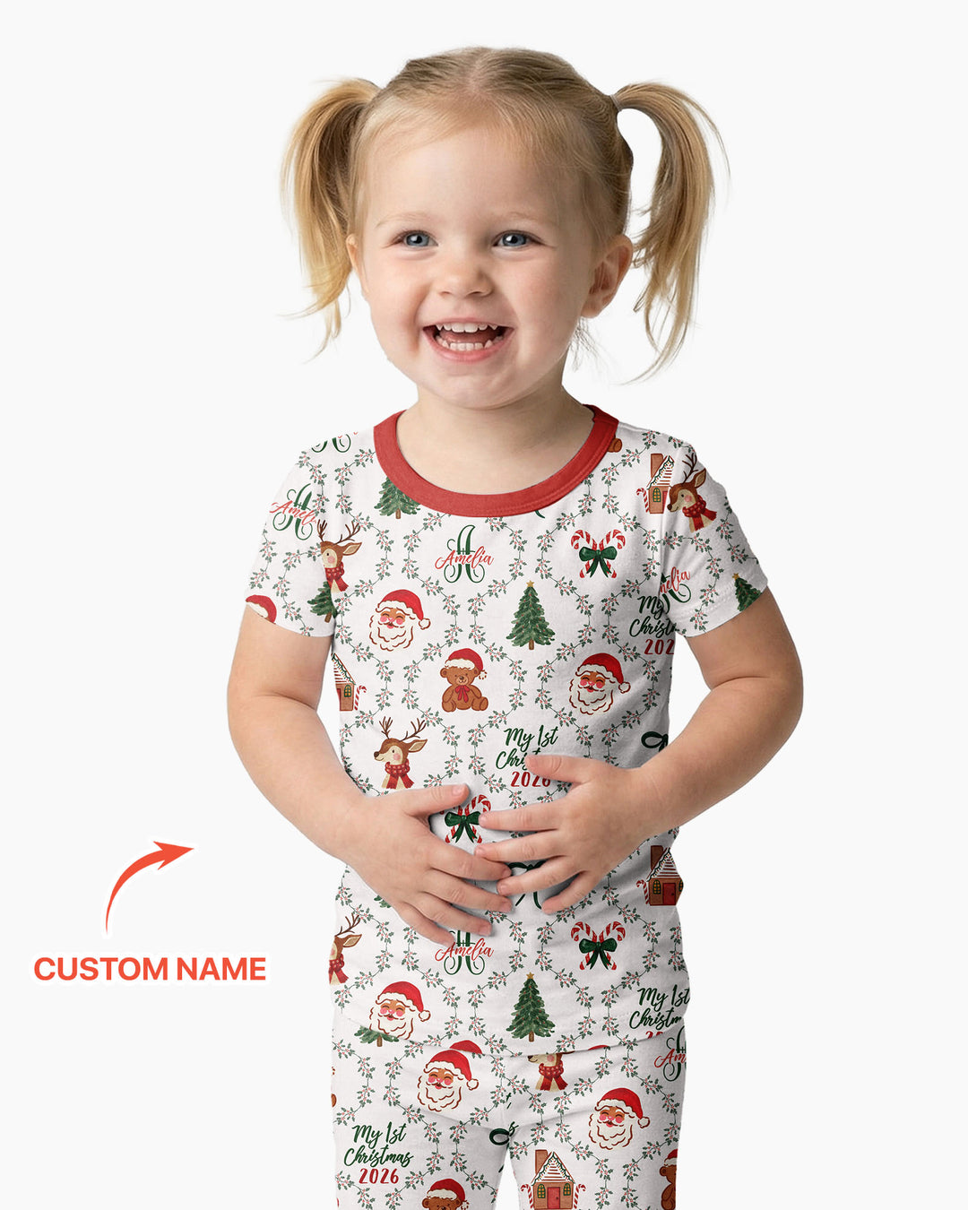 Custom name "Fancy Monogram Red Christmas 2026" Bamboo Two Piece Short Sleeve Pajama Set