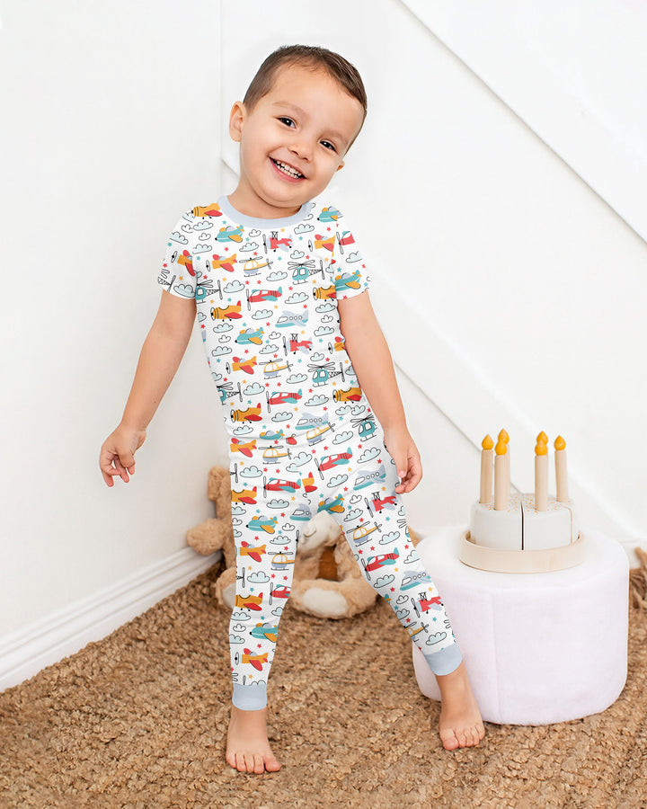 Airplanes And Helicopters Bamboo Two Piece Short Sleeve Pyjamas Set