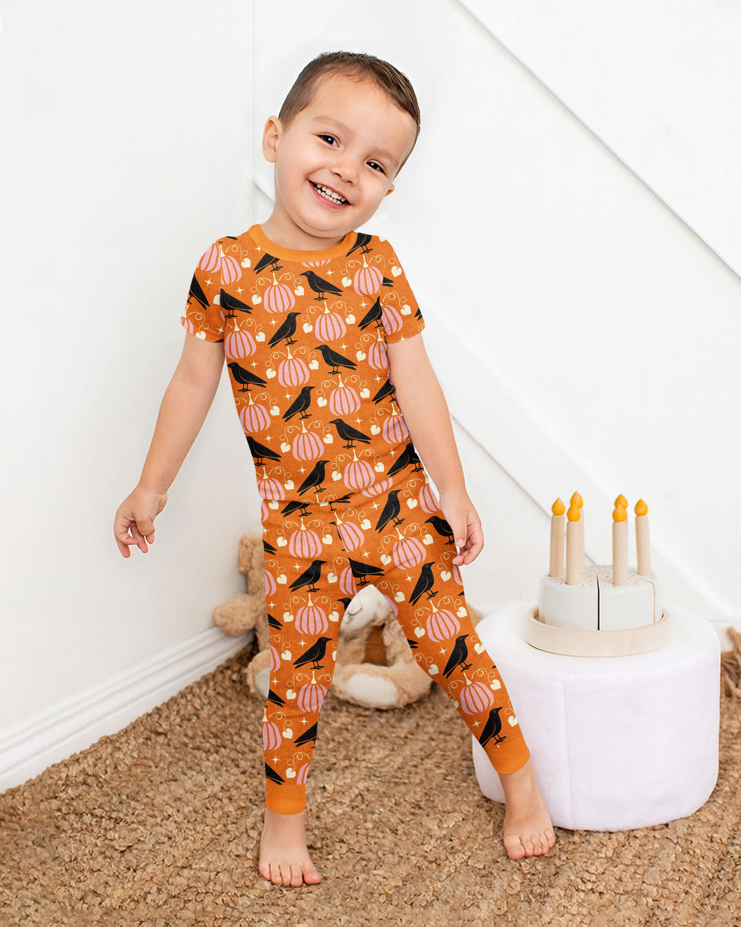 Ravens in a Pumpkin Patch - Orange Pink Bamboo Two Piece Short Sleeve Pajama Set