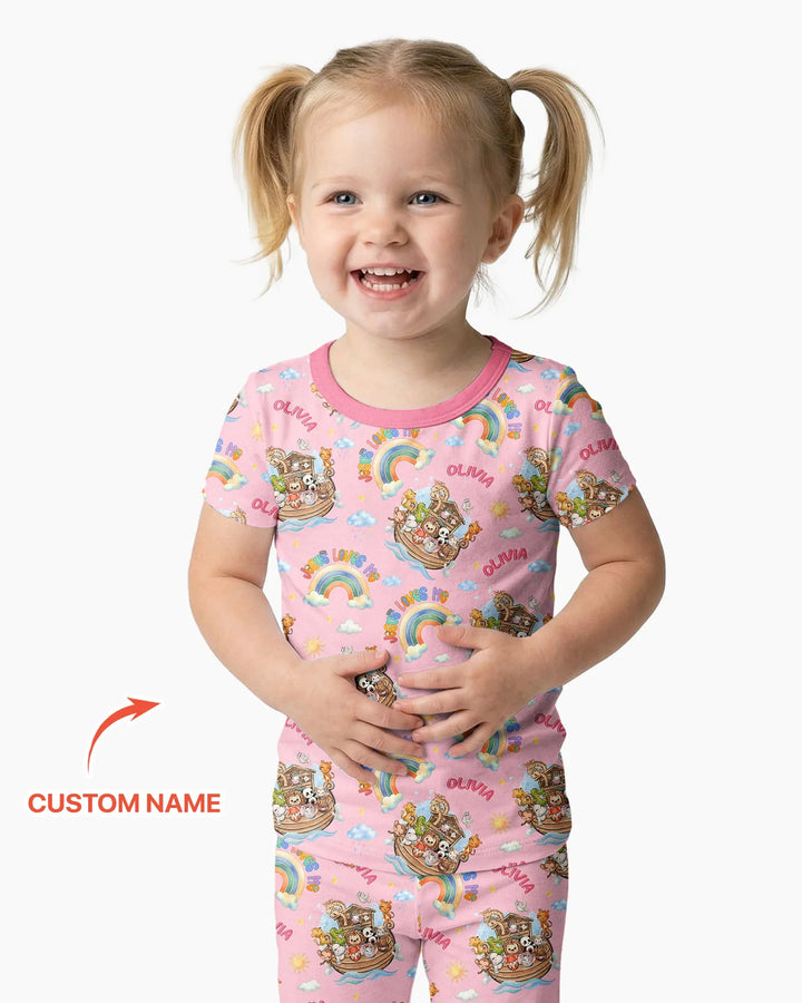 Custom Name Jesus Loves Me Noah's Ark Bamboo Two Piece Short Sleeve Pajama Set
