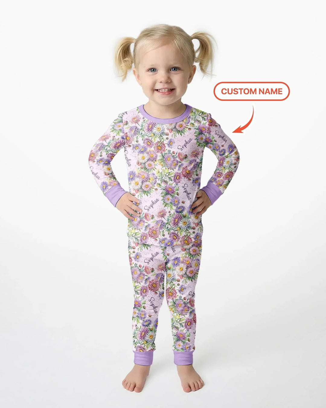 Custom Name Birth Month Flowers Bamboo Two Piece Long Sleeve Pajama Set