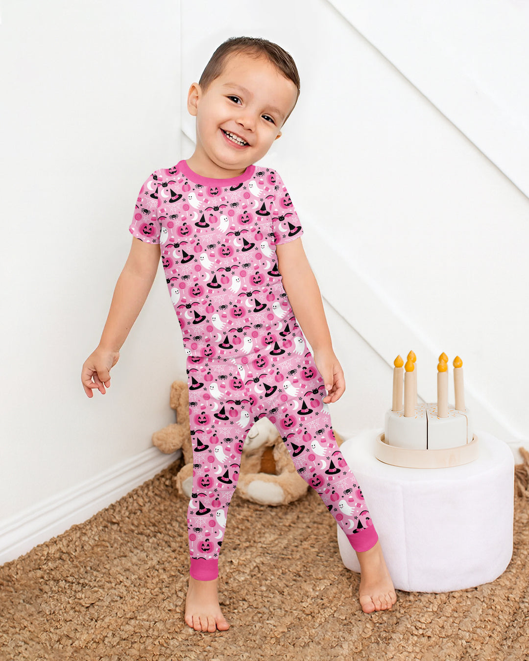Cute Pink Halloween Ghost Pumpkin Witch Bamboo Two Piece Short Sleeve Pajama Set