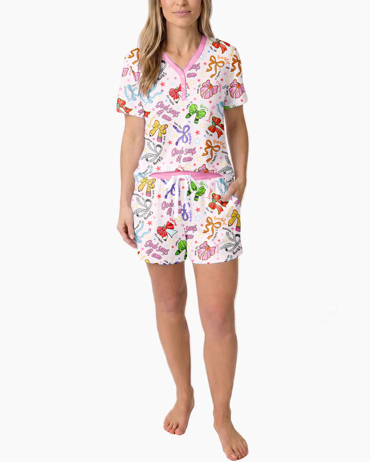 Pencil Bows God Says I Am Bamboo Women Short Sleeve Short Pajama Set