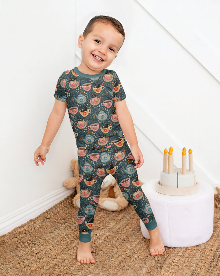 Folk Floral Black Cat Tea Party Bamboo Two Piece Short Sleeve Pajama Set