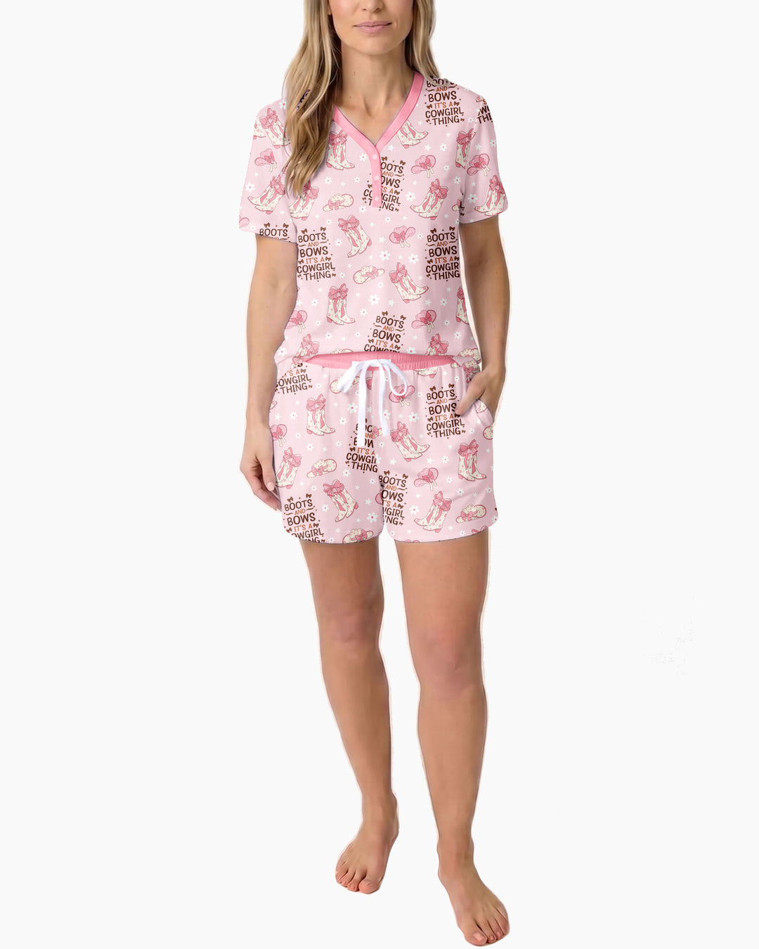 Western Cowgirl Boots And Bows Bamboo Women Short Sleeve Short Pajama Set