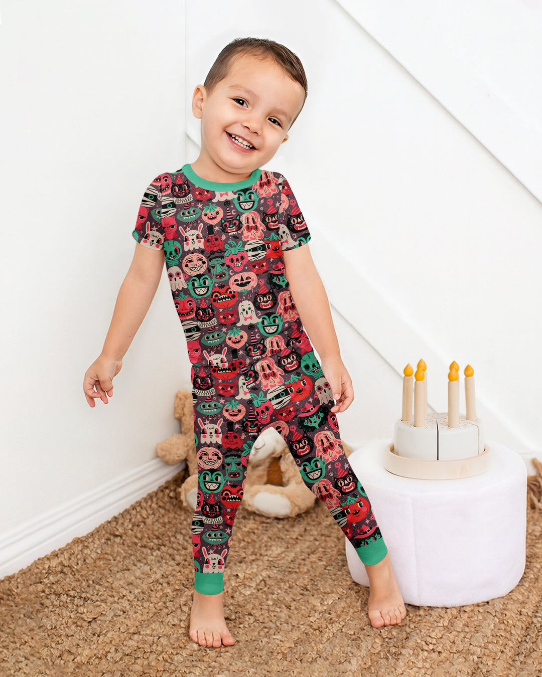 Retro Halloween Monsters Ghost Pumpkin Mummy Bamboo Two Piece Short Sleeve Pajama Set