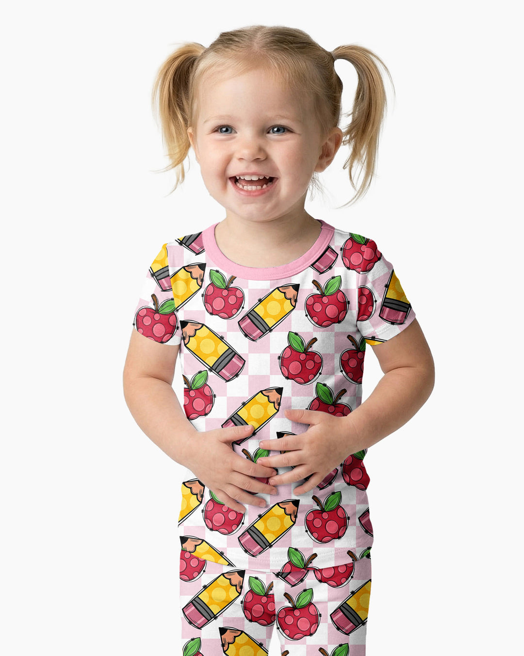 Checkered Apple Scribbles Bamboo Two Piece Short Sleeve Pajama Set