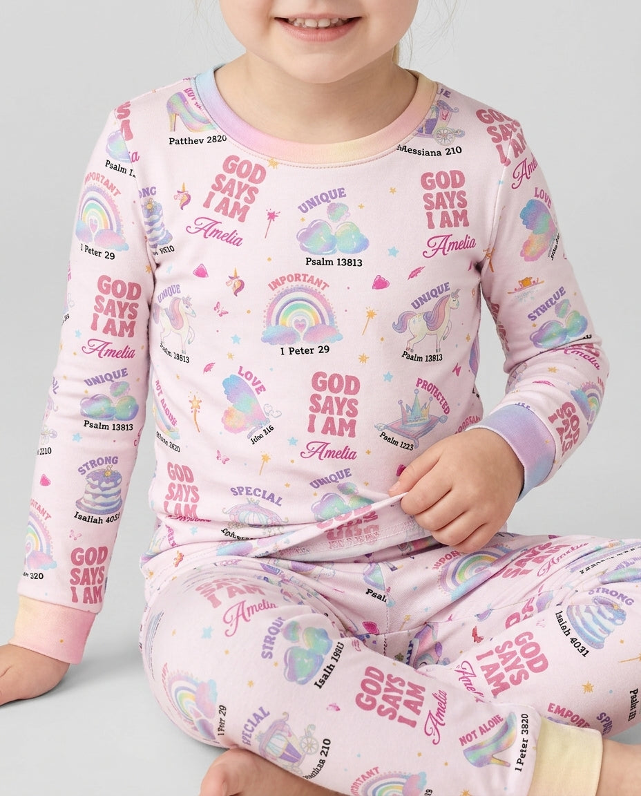 God Says I Am Custom Name - Dreamy Princess Bamboo Two Piece Long Sleeve Pajama Set