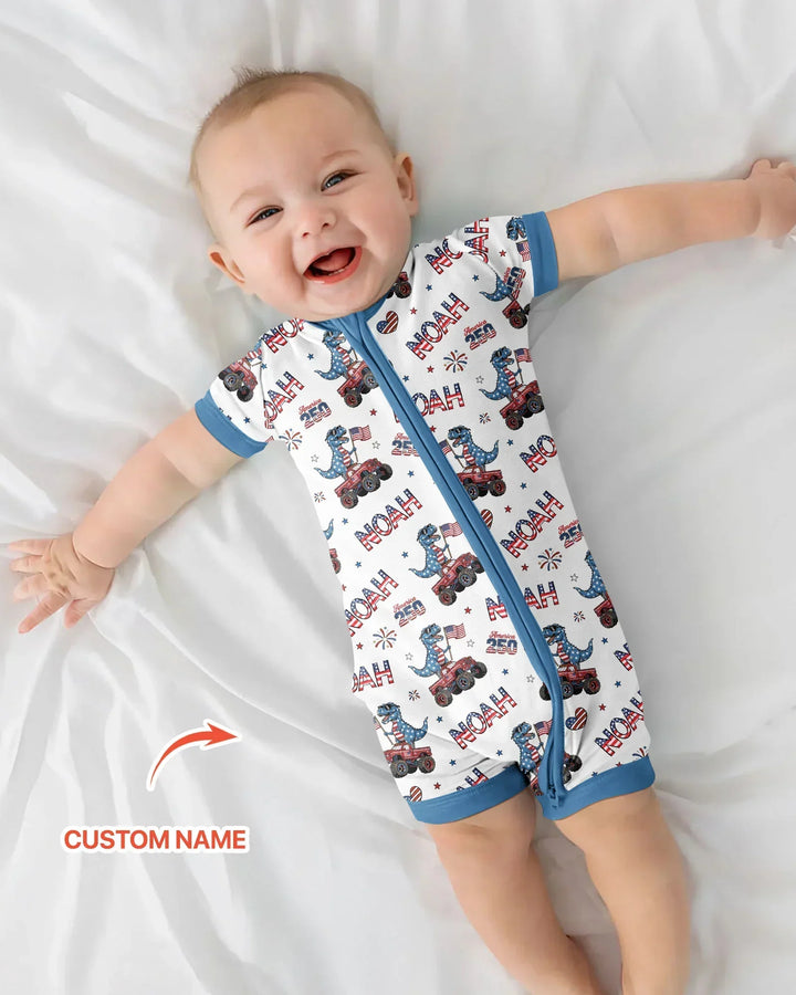 Custom Name American Flag Dinosaur Bamboo Shorty Zippy