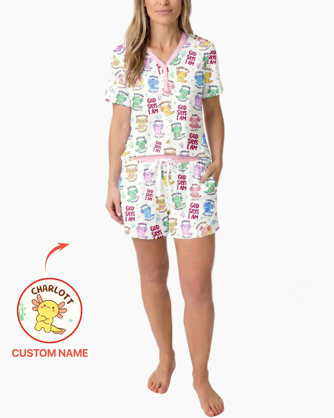 Axolotl God Says I Am Custom Name Bamboo Women Short Sleeve Short Pajama Set