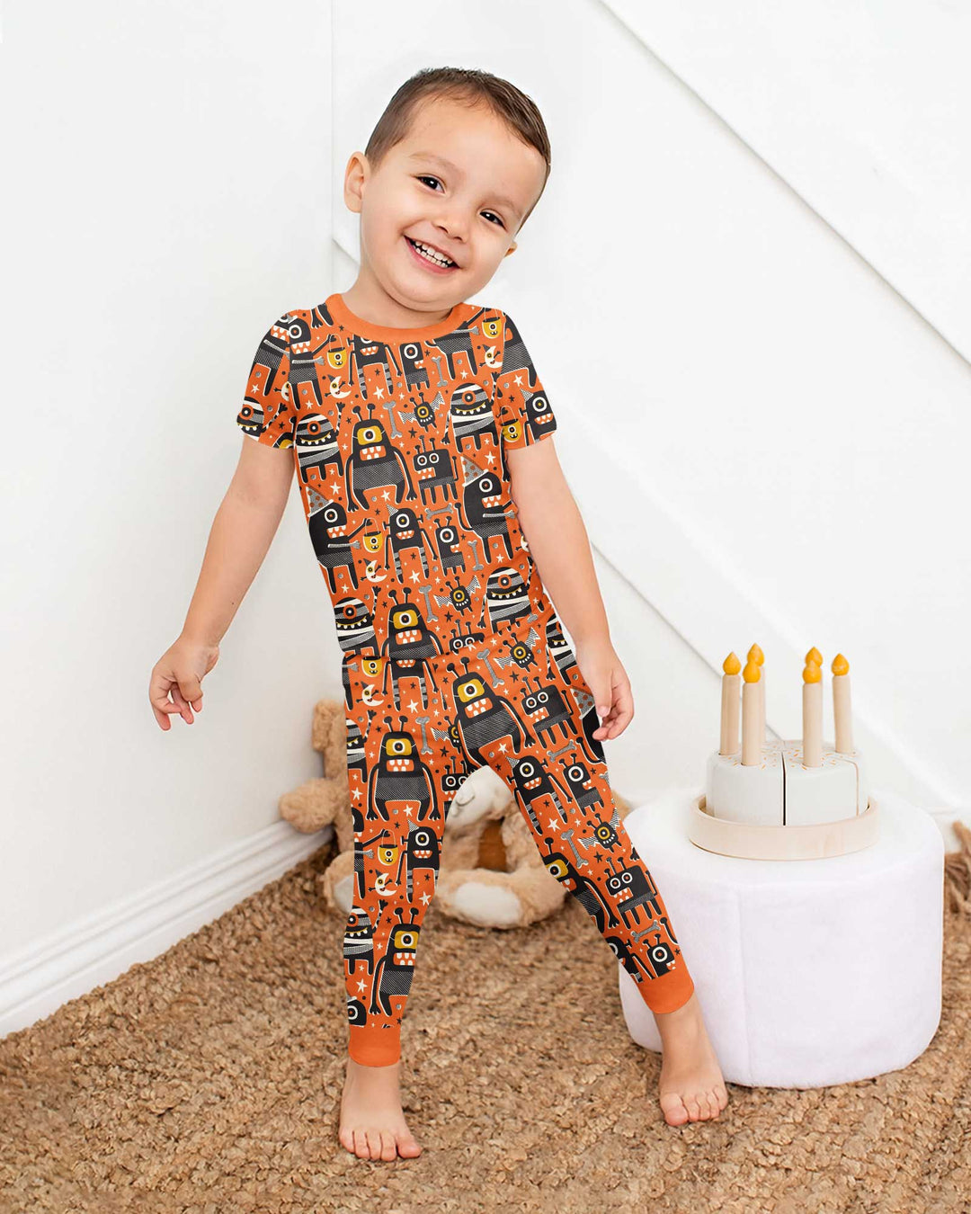 Mid Century Halloween Monster Toss Bamboo Two Piece Short Sleeve Pajama Set