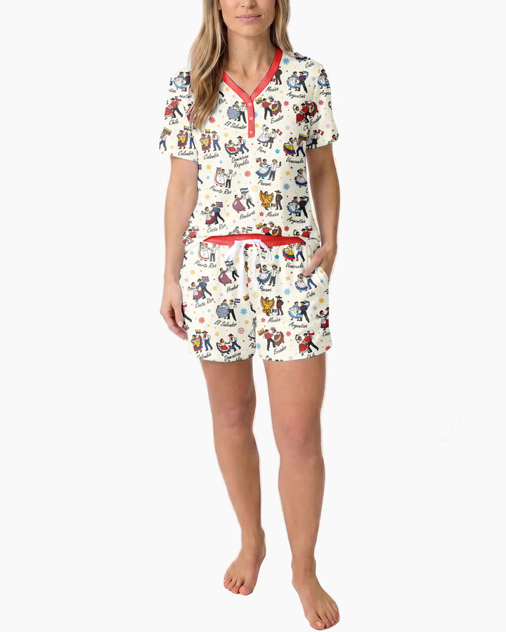 Hispanic Traditional Folkloric Dress Bamboo Women Short Sleeve Short Pajama Set