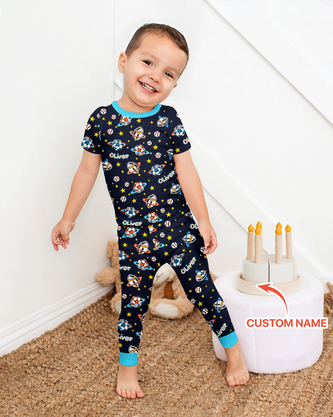Custom Name Space Sport Bamboo Two Piece Short Sleeve Pajama Set