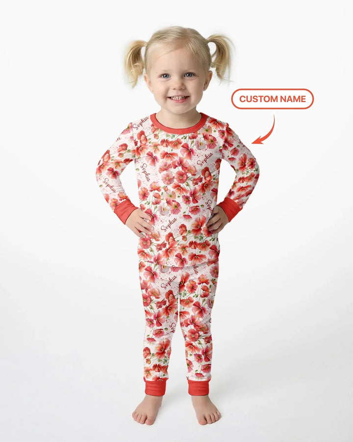 Custom Name Birth Month Flowers Bamboo Two Piece Long Sleeve Pajama Set