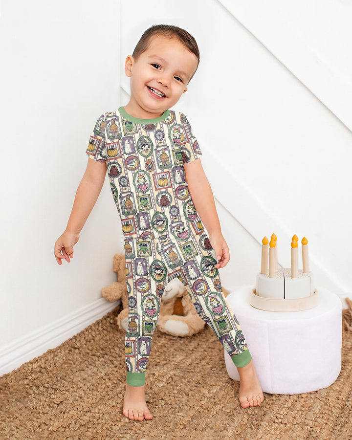 Vintage Halloween Ghost Pumpkin Portraits Bamboo Two Piece Short Sleeve Pajama Set