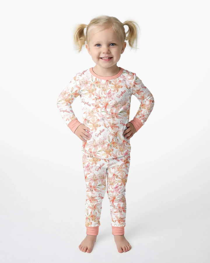 Custom Name Birth Month Flowers Bamboo Two Piece Long Sleeve Pajama Set
